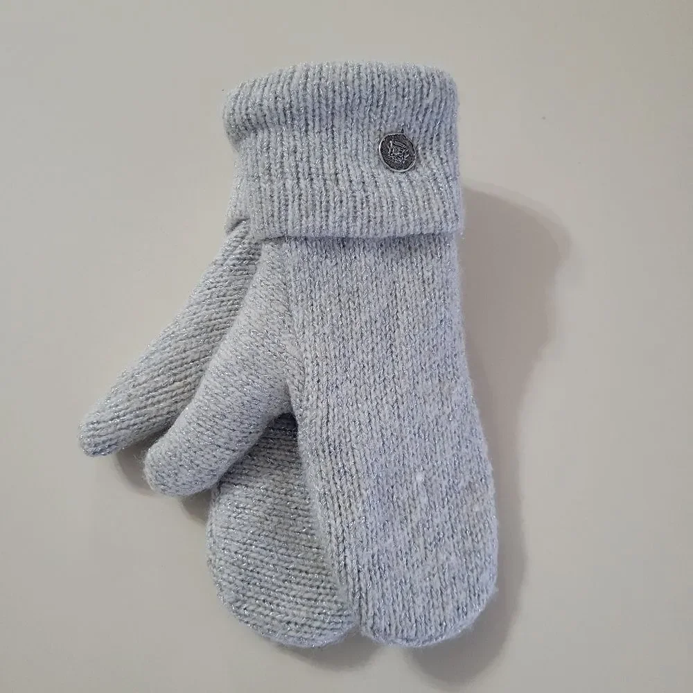 Handcrafted Silver Gray Sparkly Knit Fleece Lined Mittens